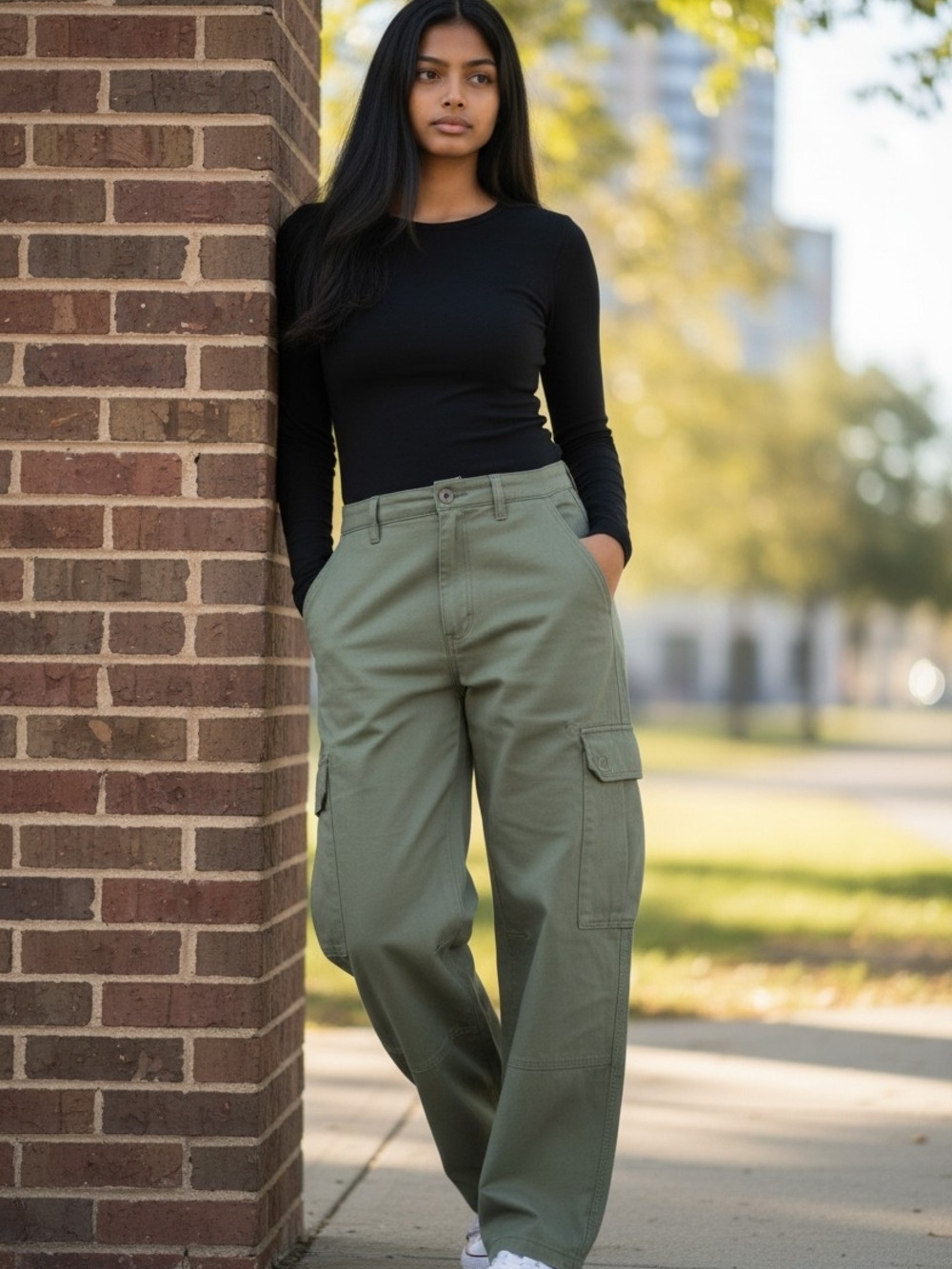 Women's Olive Straight-Leg Cargo Pants